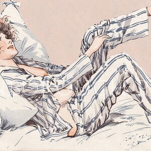 May include: A woman in striped pyjamas lies on a bed with a pillow behind her head. She is looking to the side with her legs raised and one hand holding the pyjama leg.