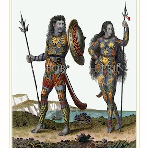 May include: An illustration of two people, a man and a woman, wearing blue body paint with celestial symbols and holding weapons. The man is holding a spear and a shield, while the woman is holding a spear. The background is a landscape with a body of water and cliffs.