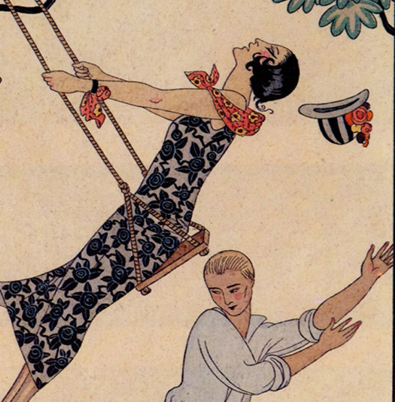 The Swing French Art Deco Style Print, Man Swinging His Lady Feminine Print, French Design Wall Art, Giclée Print image 2