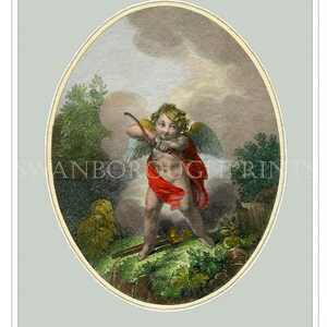 Peut inclure: Une illustration vintage d'un ch&eacute;rubin ail&eacute; tenant un arc et une fl&egrave;che, debout sur un rocher avec une v&eacute;g&eacute;tation verte. Le ch&eacute;rubin porte un pagne rouge et a des cheveux blonds boucl&eacute;s. L'arri&egrave;re-plan est un ciel nuageux avec une touche de bleu.