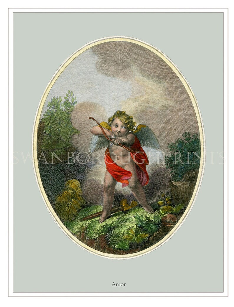 Peut inclure: Une illustration vintage d'un ch&eacute;rubin ail&eacute; tenant un arc et une fl&egrave;che, debout sur un rocher avec une v&eacute;g&eacute;tation verte. Le ch&eacute;rubin porte un pagne rouge et a des cheveux blonds boucl&eacute;s. L'arri&egrave;re-plan est un ciel nuageux avec une touche de bleu.