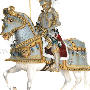White Stallion and Knight in Armour Highly Decorative Print taken from our Original Hand Coloured 1838 print of a Spanish Knight and Horse image 3