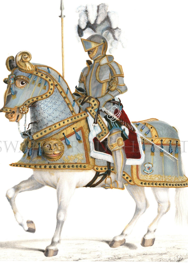 White Stallion and Knight in Armour Highly Decorative Print taken from our Original Hand Coloured 1838 print of a Spanish Knight and Horse image 3