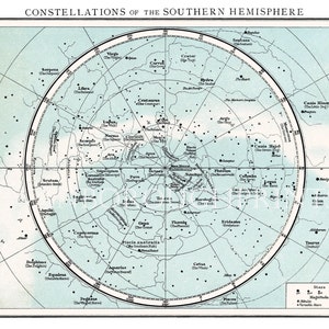 Mappa delle costellazioni dell'emisfero australe, stampa astronomica tratta da un atlante dei tempi antichi che mostra le costellazioni e le stelle.