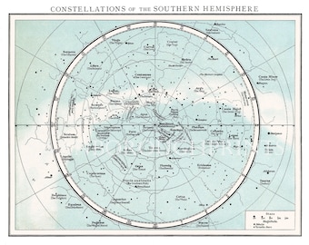 Southern Hemisphere Constellations Map, Astronomy Print Taken From an Early Times Atlas Map Showing The Constellations and Stars.