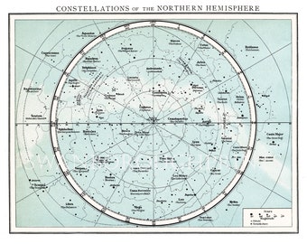 Northern Hemisphere Constellations Map, Astronomy Print Taken From an Early Times Atlas Map Showing The Constellations and Stars.