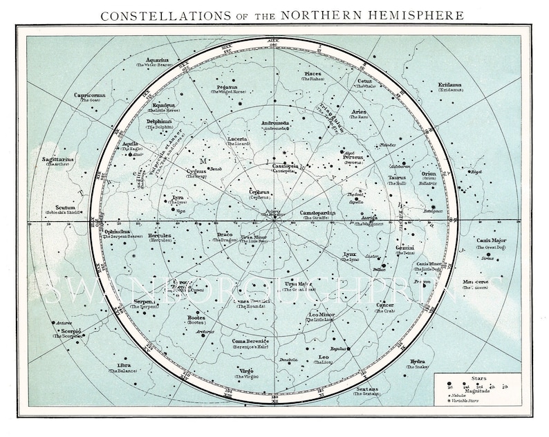 Northern Hemisphere Constellations Map, Astronomy Print Taken From an Early Times Atlas Map Showing The Constellations and Stars. image 1