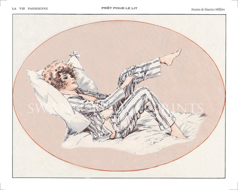 May include: A woman in striped pyjamas lies on a bed with a pillow. She is looking to the right and has her right leg raised. The image is in a vintage style and has a light pink background.