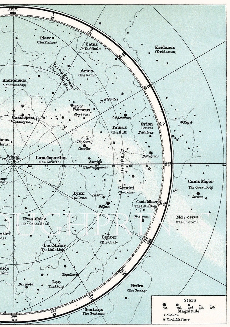 Northern Hemisphere Constellations Map, Astronomy Print Taken From an Early Times Atlas Map Showing The Constellations and Stars. image 4