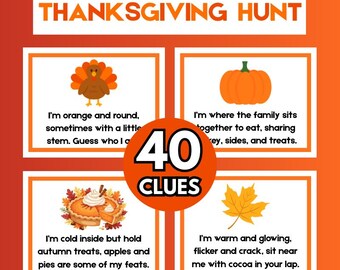 Thanksgiving Scavenger Hunt for Kids, 40 Printable Clues (Digital Download