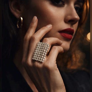 May include: A rectangular ring with a gold band and a surface covered in small, clear gemstones. The ring is worn on a finger, and the person's red lipstick and gold hoop earring are visible.