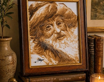 Vintage Textile Portrait Painting: Signed European Cottage Wall Art (Wood Frame)
