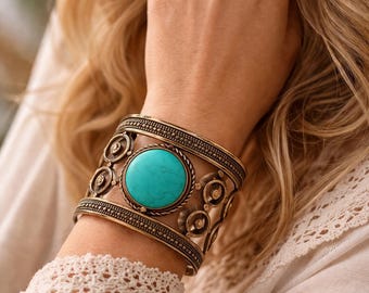 Vintage Turquoise Statement Cuff Bracelet | Mixed Metal Silver & Brass | Artisan Boho Southwestern Jewelry