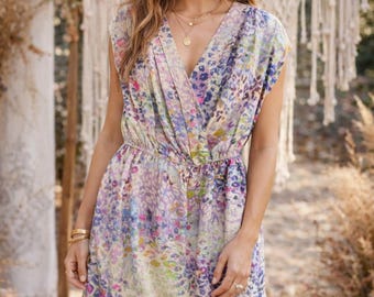 Presley Skye 100% Silk Floral Wrap Dress | Pastel Boho Romantic Spring Style (Size Small)