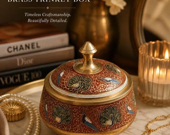Ornate Peacock Brass Trinket Box • Vintage Indian Enamel Jewelry Jar