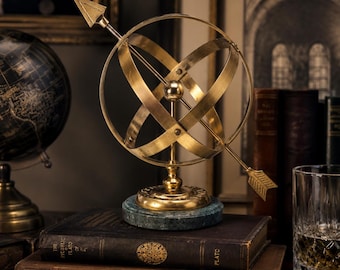 Vintage Brass Armillary Sphere Sculpture, Green Marble Base, Celestial Zodiac Decor