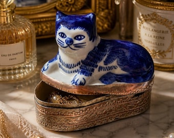 Blue White Porcelain Cat Trinket Box • Chinoiserie Jewelry Holder, Brass Base Vanity Decor