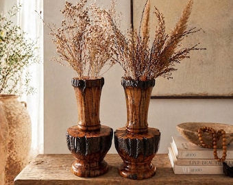 Set of 2 Hand-Carved Wood Vases: Organic Modern Burl Look Statement Decor