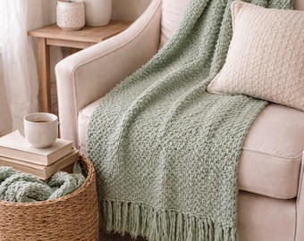 Sage Green Knit Throw Scarf Decorative Bed Runner Fringe Cottagecore Cozy Home Decor
