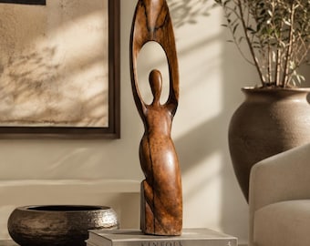 Hand Carved Wood Sculpture | Abstract Feminine Figure, Organic Modern Boho Decor