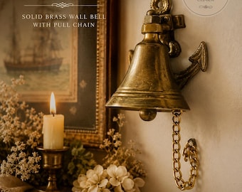 Vintage Solid Brass Wall Bell with Chain Cottagecore Nautical Door Bell Decor