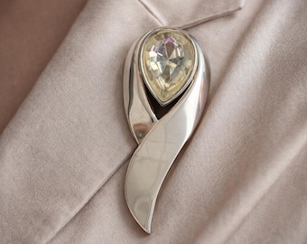Vintage Modernist Silver Brooch with Teardrop Crystal – Abstract Statement Pin