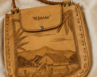 Vintage El Salvador Tooled Leather Shoulder Bag | Folk Art Boho Satchel Crossbody Purse