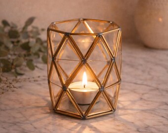 Brass Geometric Votive Holder, Faceted Glass Lantern, Modern Boho Decor