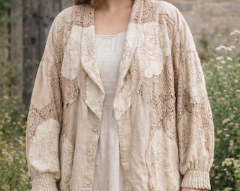 Vintage Linen Crochet Patchwork Jacket | Embroidered Floral Lace, Boho Art Cardigan