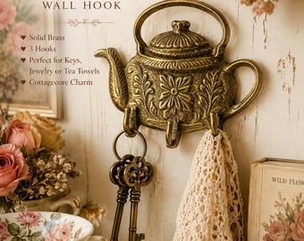 Vintage Brass Teapot Wall Hook | Floral Cottagecore Key Holder