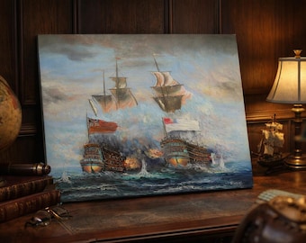 Vintage Nautical Oil Painting Ship Battle Signed J Harvey Maritime Wall Art
