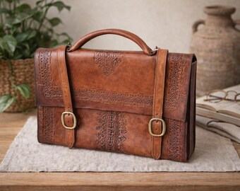 Vintage Western Floral Hand Tooled Leather Briefcase / Messenger Bag