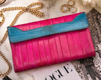 Vintage Lee Sands Eel Skin Clutch Wallet • Pink Teal Colorblock Y2K Purse