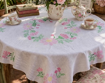 Vintage Hand Embroidered Floral Tablecloth Cottagecore Farmhouse Pink Green Linen Heirloom Style Dining Decor