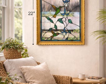 Antique Stained Glass Hummingbird Mirror – Leaded Floral Wall Art, Gold Frame