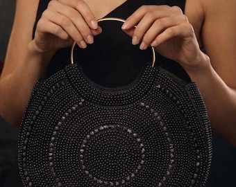 Vintage 1960s Hand Beaded Evening Bag – Hong Kong Black Cocktail Purse with Brass Ring