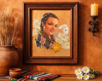 Mexican Calendar Art “Mi Chatita” – Framed Mid Century Señorita SW Hacienda