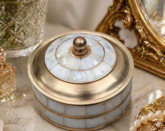 Vintage Brass Shell Inlay Box • Jewelry Trinket Storage • Romantic Vanity Decor