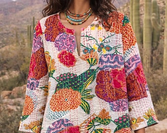 Boho Kantha Quilt Top Floral Artisan Tunic Anthropologie Style Relaxed Fit L XL