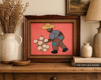 Vintage 1960s Folk Art Textile Wall Decor | Framed Handmade Appliqué Rustic Accent