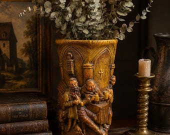 Vintage German Tavern Scene Wax Vessel | Old World Sculpture Dried Floral Vase Decor