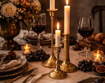 Vintage Solid Brass Candlestick Set: Mixed Heights, European Table Decor