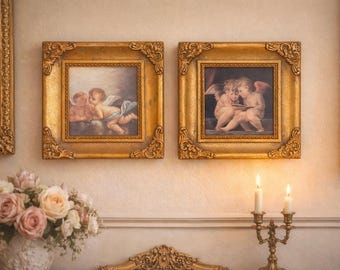 Vintage Cherub Prints Set, Gold Ornate Frames, French Cottage Wall Decor Pair