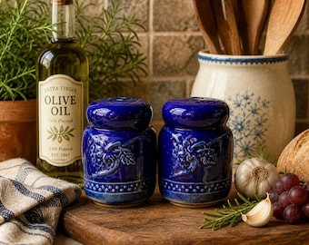 Cobalt Blue Ceramic Salt Shakers | Tuscan Grape Kitchen Decor, Farmhouse Accent