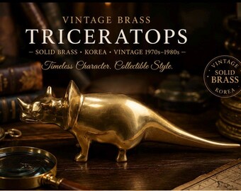 Vintage Solid Brass Triceratops Figurine | Korean Brass Dinosaur Statue | Dark Academia Shelf Decor | Hollywood Regency Office Accent