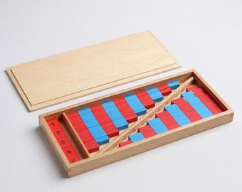 Aste numerate Montessori rosse e blu con scatola di legno