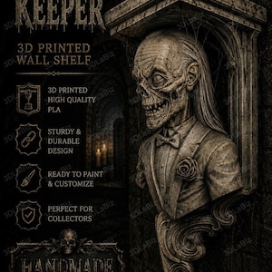 May include: A 3D-printed wall shelf featuring a Crypt Keeper bust. The design is sturdy and durable, ready to paint and customize. The image includes the text "Handmade with Care".