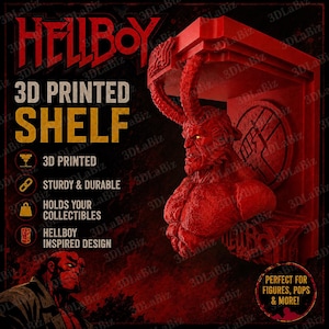 Op de afbeelding: Een rood 3D-geprint schap met een Hellboy-geïnspireerd ontwerp. Het schap is stevig en duurzaam, ontworpen om verzamelobjecten te bevatten. De tekst "Hellboy" en "3D Printed Shelf" is inbegrepen.