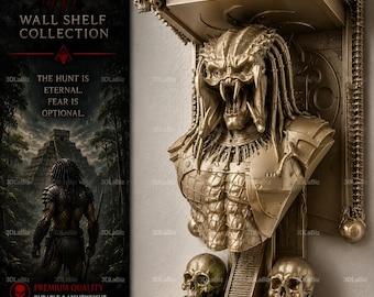 Może przedstawiać: Złota półka ścienna Predator z popiersiem obcego Predatora i napisem "PREDATOR" powyżej. Półka zawiera czaszki i tekst "THE HUNT IS ETERNAL. FEAR IS OPTIONAL."
