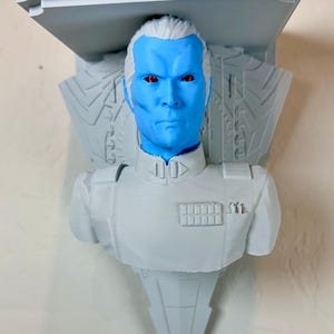 Puede incluir: Busto gris claro montado en la pared de un personaje de piel azul con ojos rojos, de la franquicia Star Wars. El busto está montado en una estantería gris con las palabras "STAR WARS" en la parte superior.